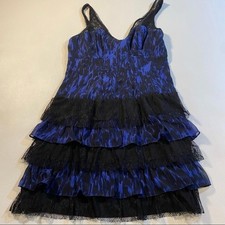 Guess Size 7 Blue Black Lace Tiered Ruffle Party Dress W Smocked Back