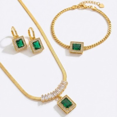 [US STOCK]18K Gold Plated Emerald Green CZ Jewelry Set Necklace Bracelet Earring