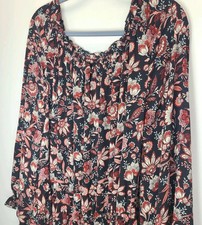 Maxi Vestido Campesino Talbots Vino Tinto 3X Elástico Cuello y Cintura Forrado Floral