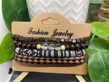 4 PC Boho Wood Bead Stackable 7 Plus Stretch Tie Tapestry Bracelet Set B121