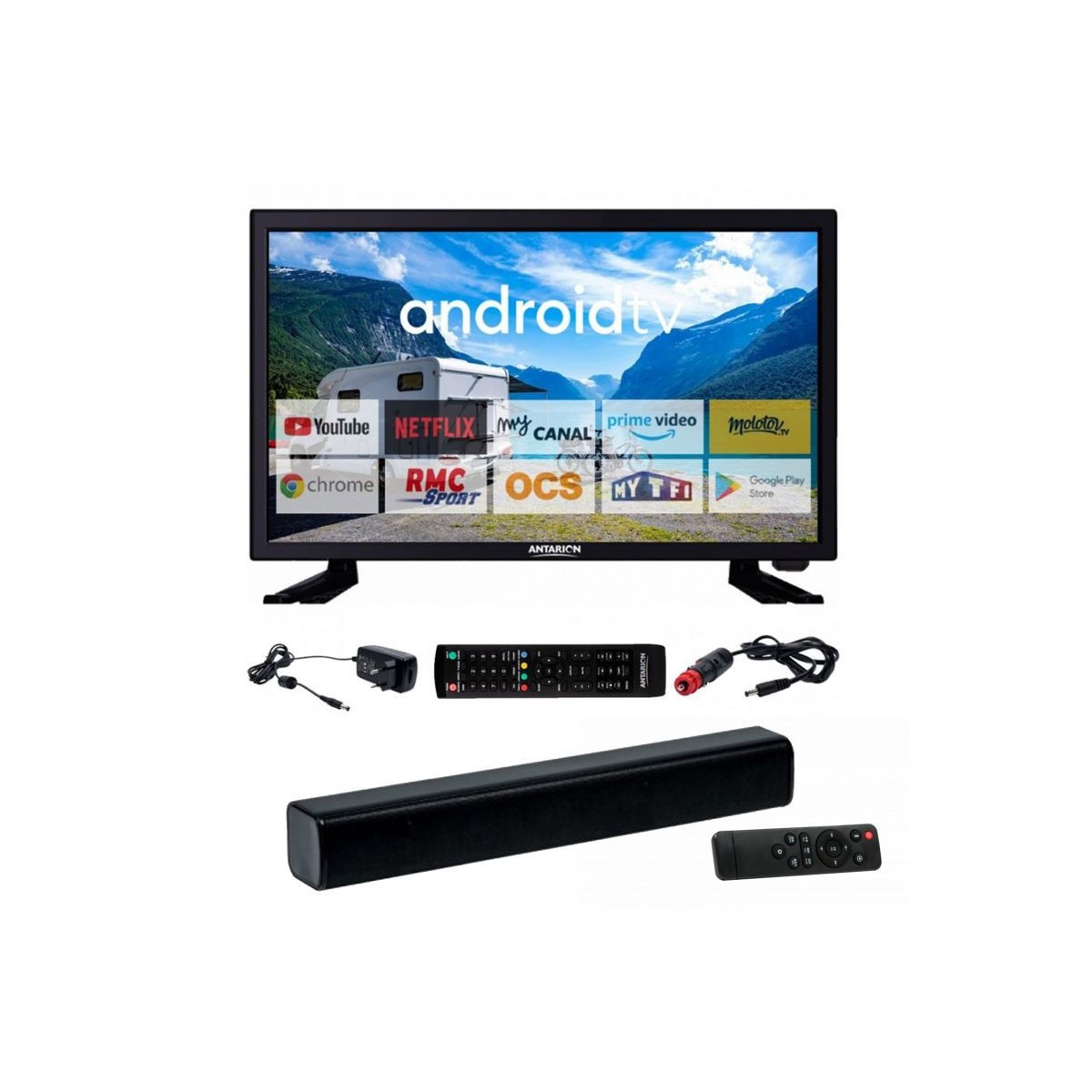 TV LED 21.5" Smart TV Camping 12V Antarion avec sa barre de son compacte pour camping-car