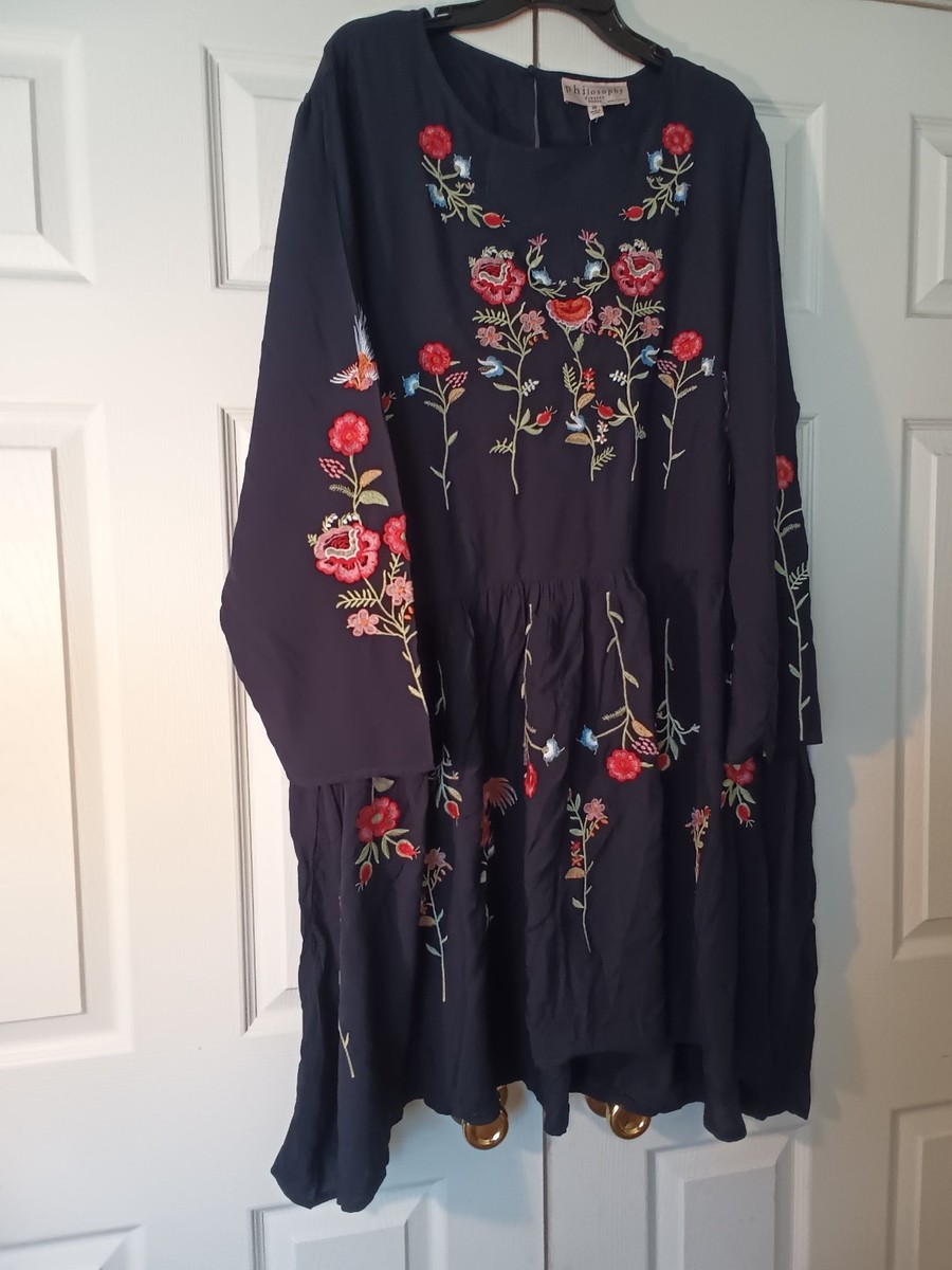 Philosophy Women Size 2X Blue Flower Embroidered Long Sleeve Pleated Waist  Dress