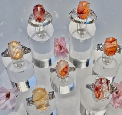 Wholesale 7 Pcs Natural Hematoid (Fire Quartz) Stainless Steel Rings 10x14mm