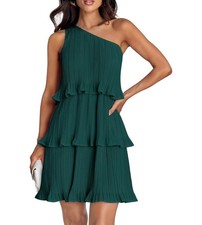 Zesica One Shoulder Ruffled Tiered A Line Dress Dark Green Medium