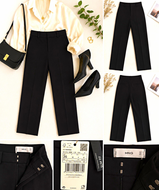 Mango Women’s Black Slim Fit Solid Dress Pants Flat Front Straight Leg