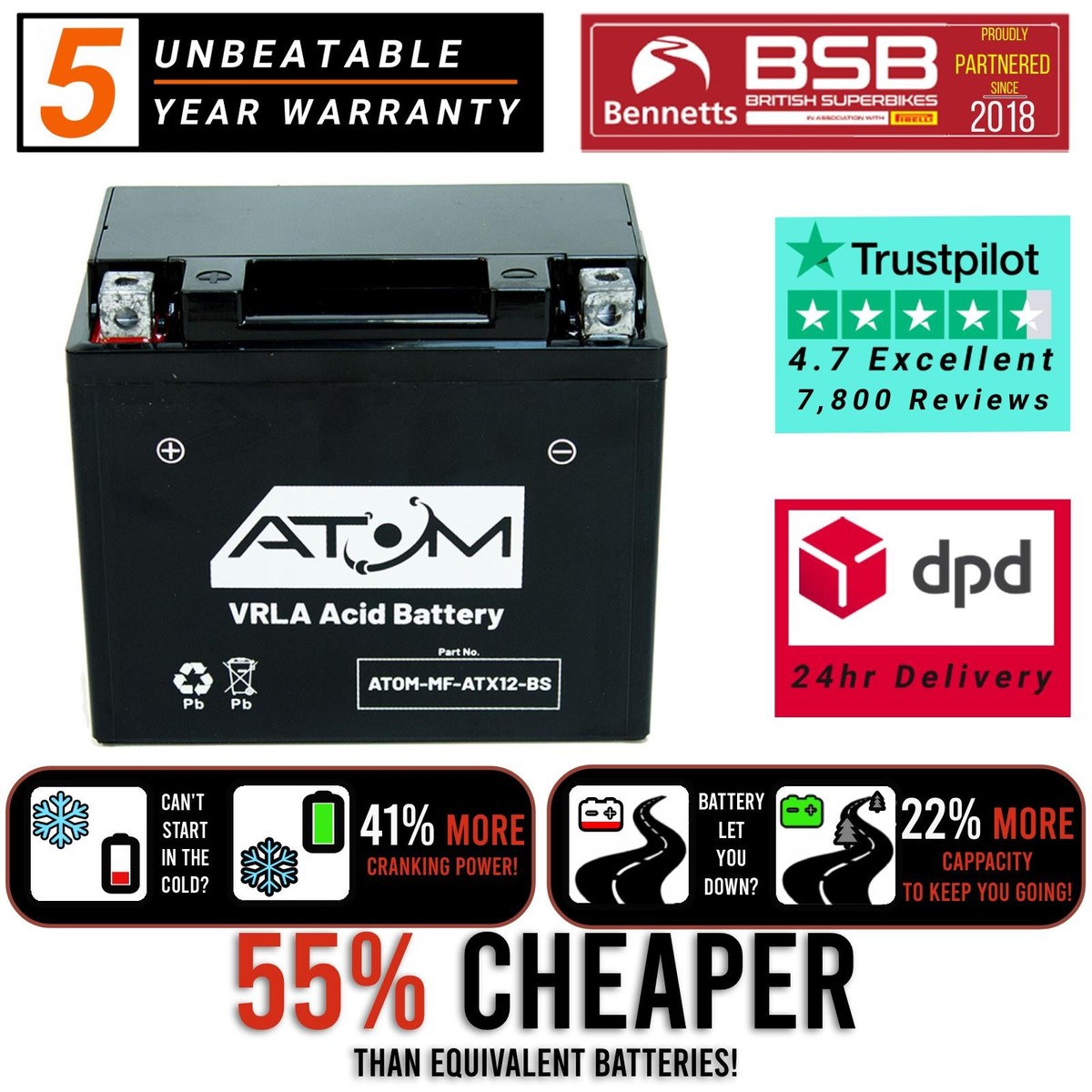 YTX12-BS Atom Maintenance Free Battery for Suzuki VZ 800