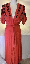 Free People Orange Embroidered Button V-Neck Floral Maxi Dress Belted Pockets XS