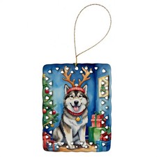 Alaskan Malamute Reindeer Dog Porcelain Ornament