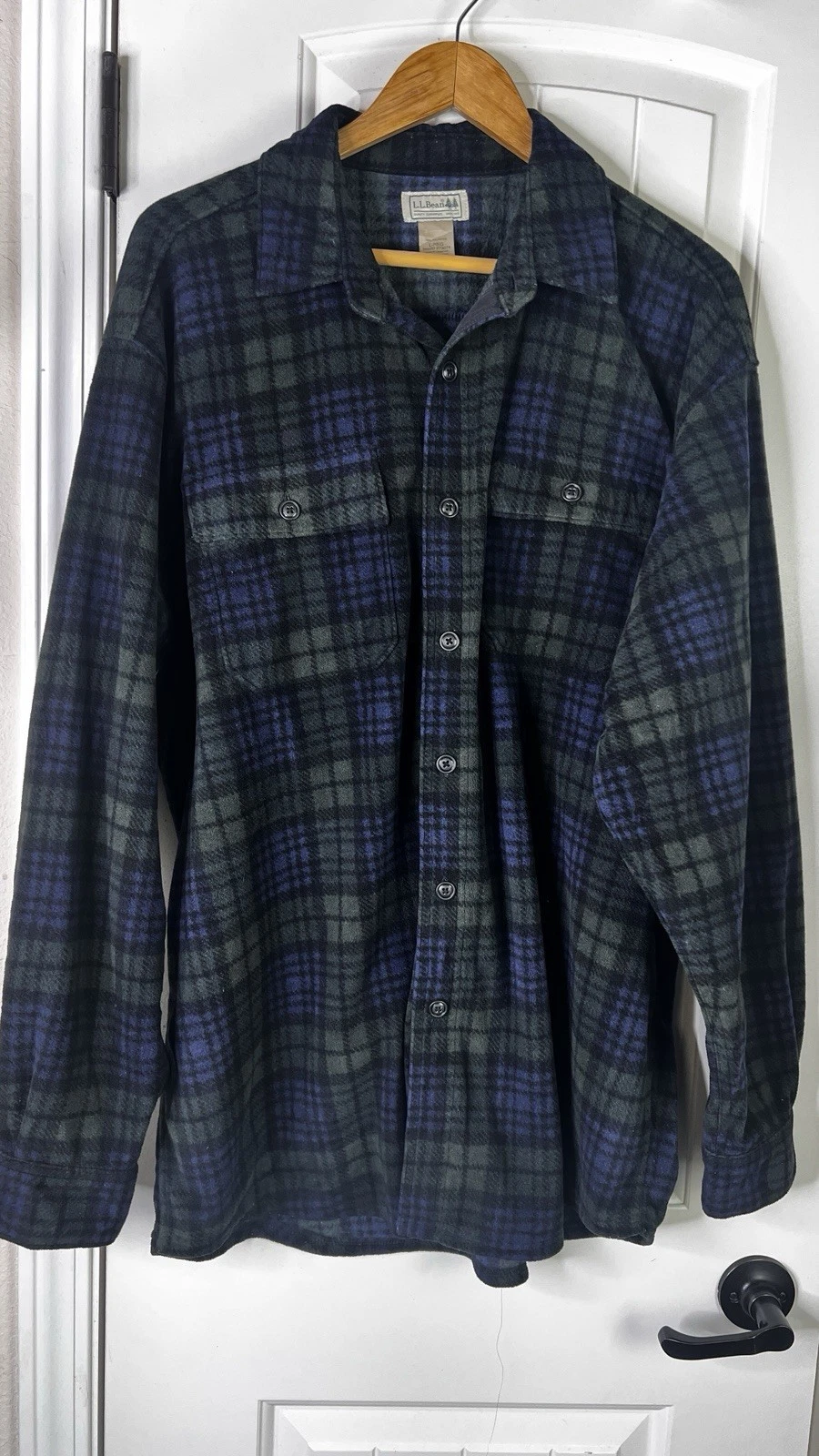 LL Bean Shirt Mens L Green Blue Plaid Flannel Button Up Camping Fishing Hiking