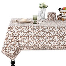 Ridhi Hand Block Print Oak Brown Rectangle Cotton Tablecloth 102" x 48" Reusa...