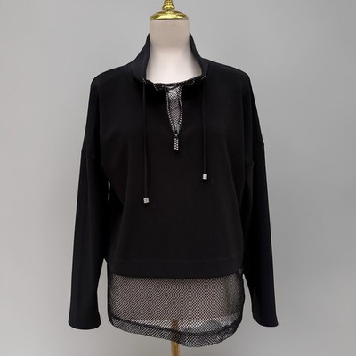 Joseph Ribkoff Mesh Insert Shirt Hem Rhinestone 1/4 Zip Black Mock Neck Grunge