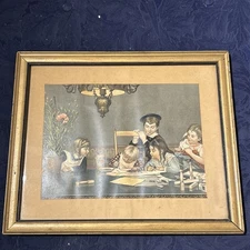 Antique 1900 Taber-Prang Lithograph Children Painting, Original Frame 17x14