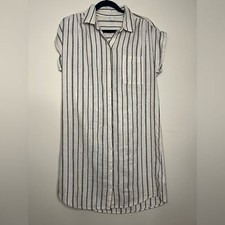 Old Navy Striped Shirt Dress Medium Linen Blend Short Sleeve Button Front