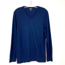 Express Men's Sweater Size M Navy Blue V-Neck Merino Wool Blend