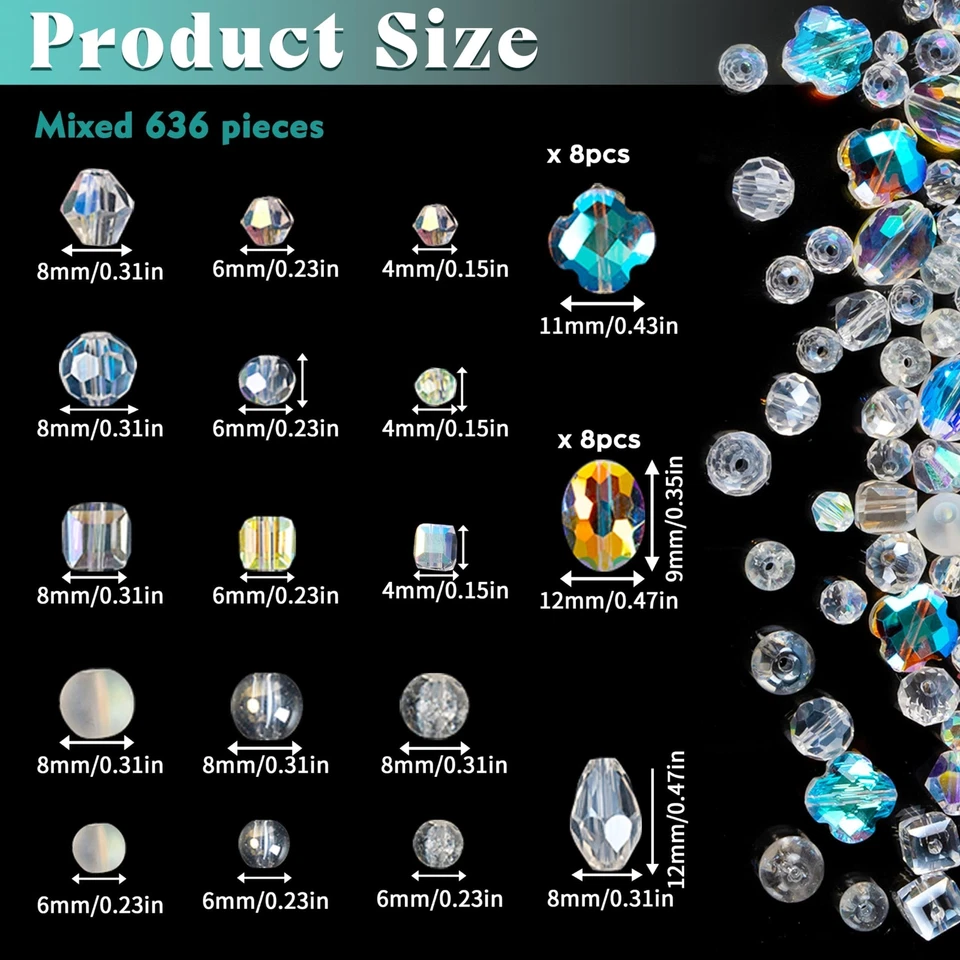 636 piezas cuentas de vidrio para hacer joyas, cuentas de cristal surtidas con cuentas sueltas f Foto 4 de 4