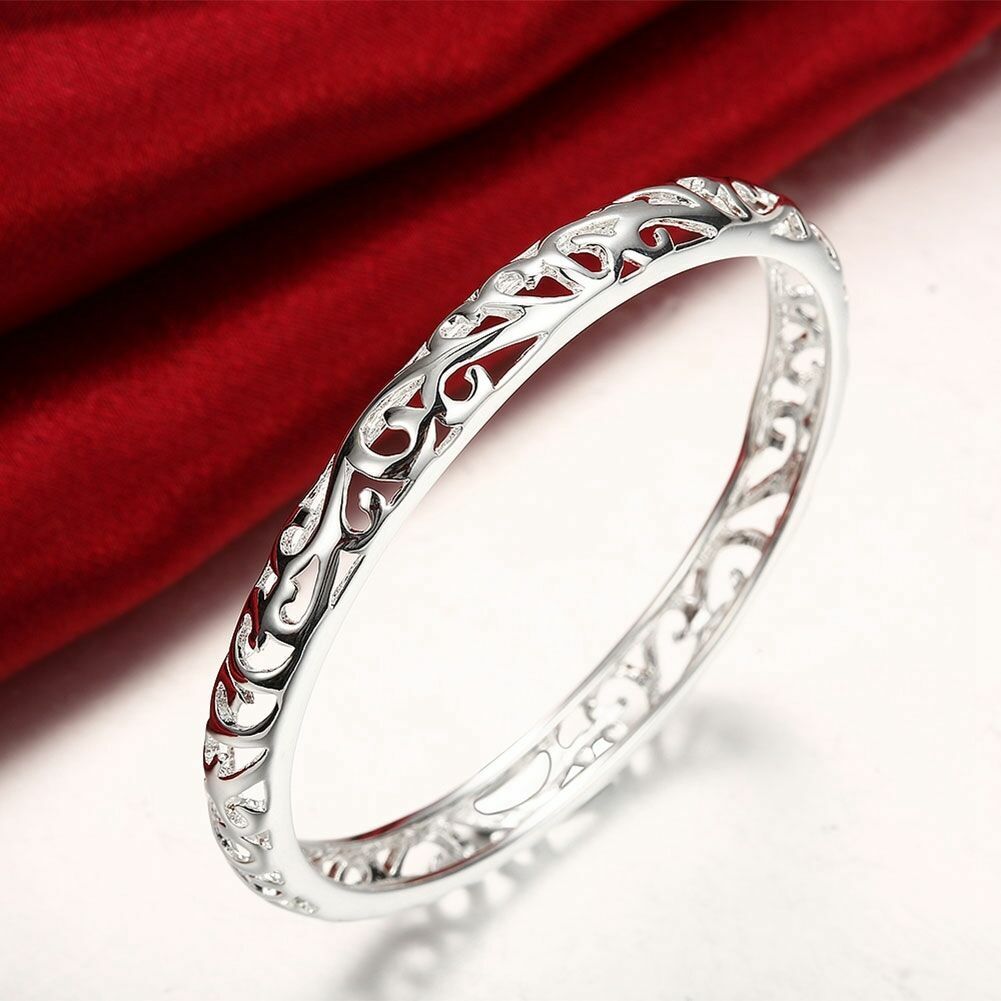 Solid 925 Sterling Silver Filled WOMENS ROUND Hollow Filigree Bracelet Bangle