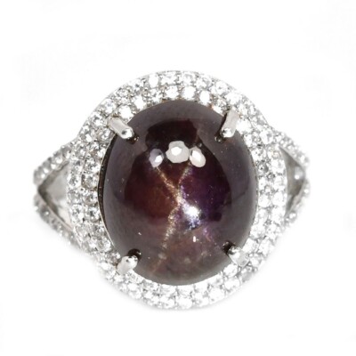 925 STERLING SILVER NATURAL 4 RAYS STAR RED GARNET CAB & WHITE CZ RING SIZE 7.75