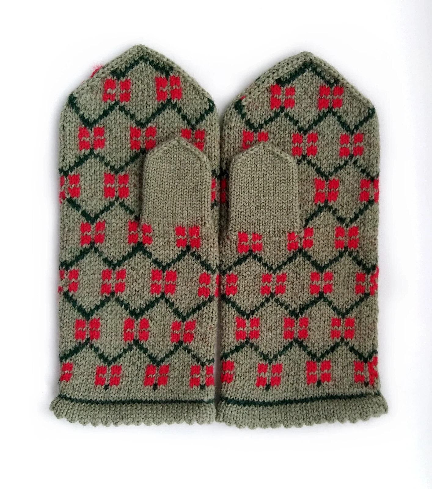 Green hand knitted Latvian mittens Warm wool hand warmers with colorful pattern image 2