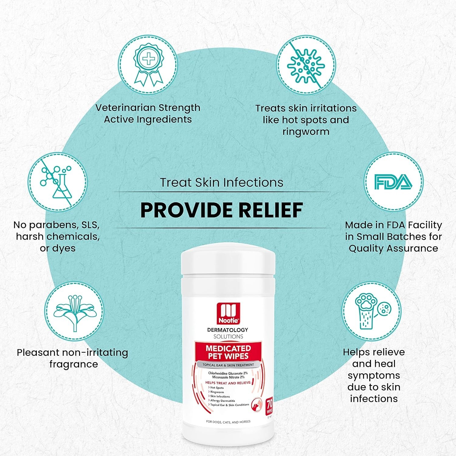 70 Count Medicated Pet Wipes for Dogs & Cats - Powerful Skin Relief Solution