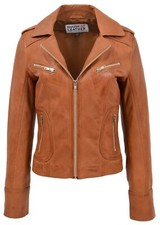 Womens Real Leather Biker Jacket Zipped Casual Style Ladies Zip Up Kim Tan