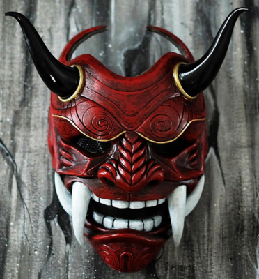 Asky Maschera Giapponese Hannya Demon Oni Samurai Noh Kabuki Prajna Devil Half Face Mask Cosplay (rosso), M