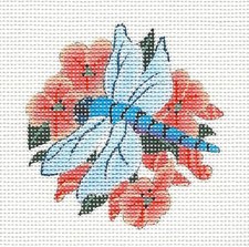 Blue Dragonfly in Peach Flowers handpainted Needlepoint Canvas Melissa Shirley