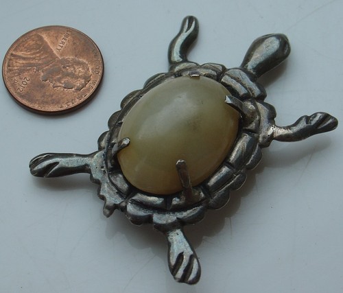 Vintage signierte Mexiko silberfarbene Gelee Bauch Schildkröte Pin Onyx Farbstein - Bild 2 von 4