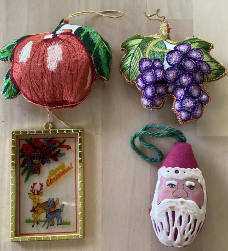 4 Vtg Midwest Importers Embroider Apple, Grapes Ornaments 4", Santa, Stain Glass