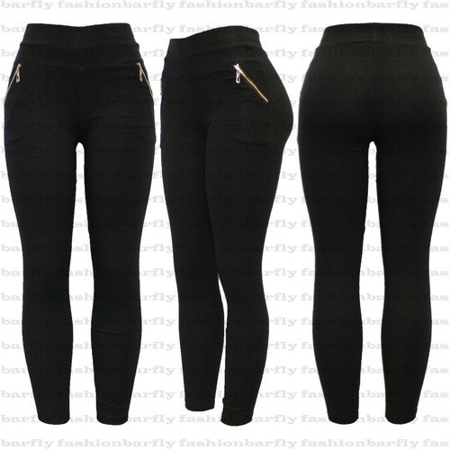 Ladies Women Zip Black Stretchy Pull 