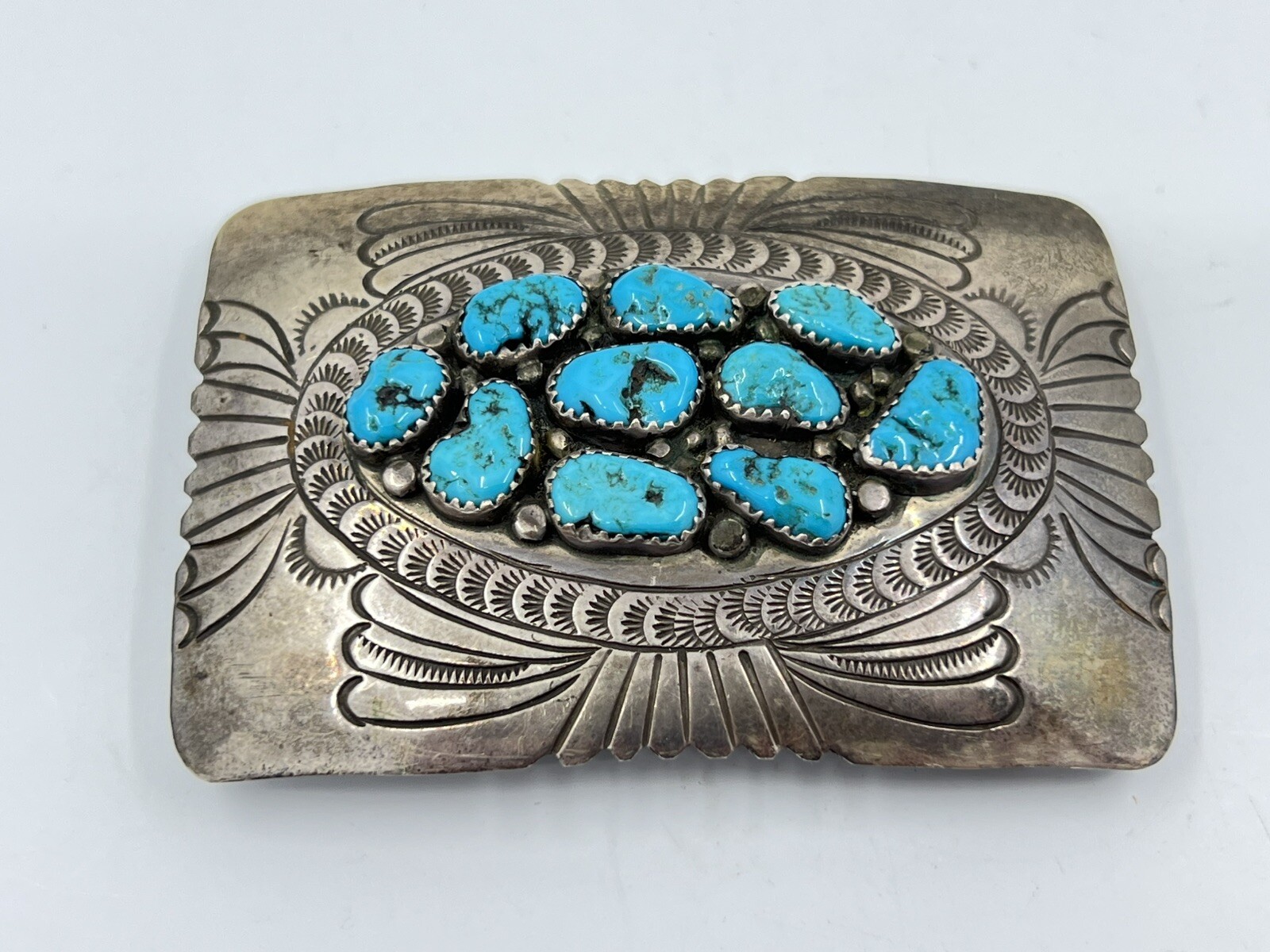 Signed Navajo Sterling Silver Turquoise Belt Buckle Tooled 3”x2” 36g Native Am