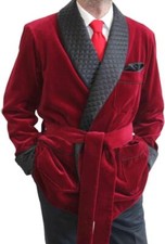 Men's Maroon Velvet Smoking Jackets with Black Fine Quilted Robes Coat