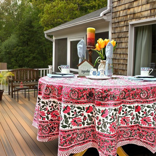 Mantel rectangular con estampado en bloque de vid floral algodón, blanco rojo, lino de mesa - Imagen 13 de 25