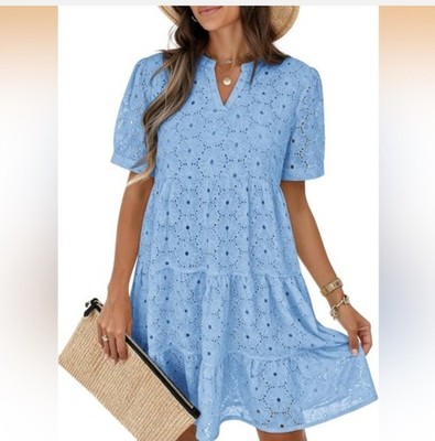 Blue Eyelet Shift Dress V-Neck Puff Short Sleeve Pockets Short L