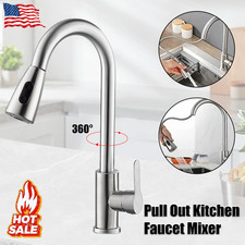 Kitchen Sink Faucet Brushed Nickel Single Handle Swivel Pull Down Sprayer Mixer