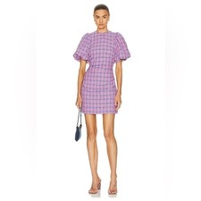 Ganni Wild Orchid Pink & Blue Puff Sleeve Plaid Women's Dress DK 42 US 12