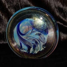 EICKHOLT Large 1986 Signed Art Glass Paperweight 6" Disc Dichroic Glitter Blue