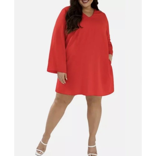 Maree Pour Toi Red Shift Dress Women’s Plus Size 26 Long Sleeve V-neck 3389 - 第 1/14 張圖片
