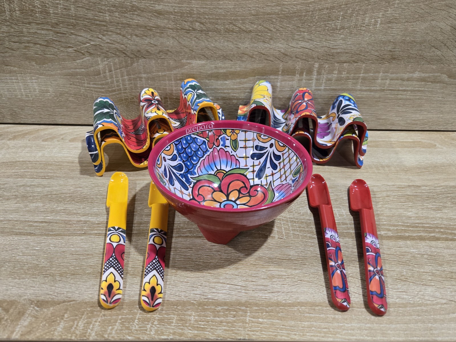 9 Pc Prepara Taco/Burrito Holders, Salsa Bowl, Spoons Multicolored Floral Design