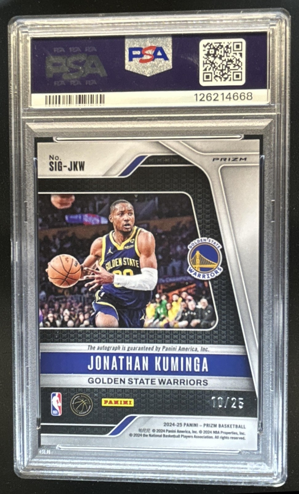 2024-25 Panini Prizm Jonathan Kuminga Signatures Mojo Auto #/25 Warriors PSA 10 view 2