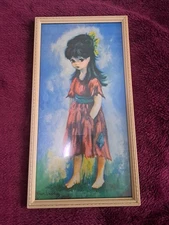 Framed Vintage, Mid Century, Dallas Simpson Print, Big Eyed Girl, 1960's Kitsch 