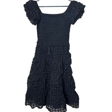 PrettyGarden Black Smocked Puff Sleeve Square Neck Midi Dress L Coquette