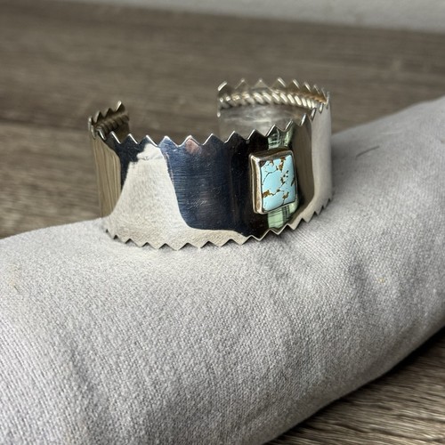 Sterling Silver Cuff Bracelet Serrated Lone Mountain Turquoise Biker Punk 48g - Picture 7 of 17