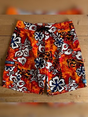 Vintage Quicksilver Badehose/Shorts mit floralem Print, orange/blau/weiß, Gr. 32