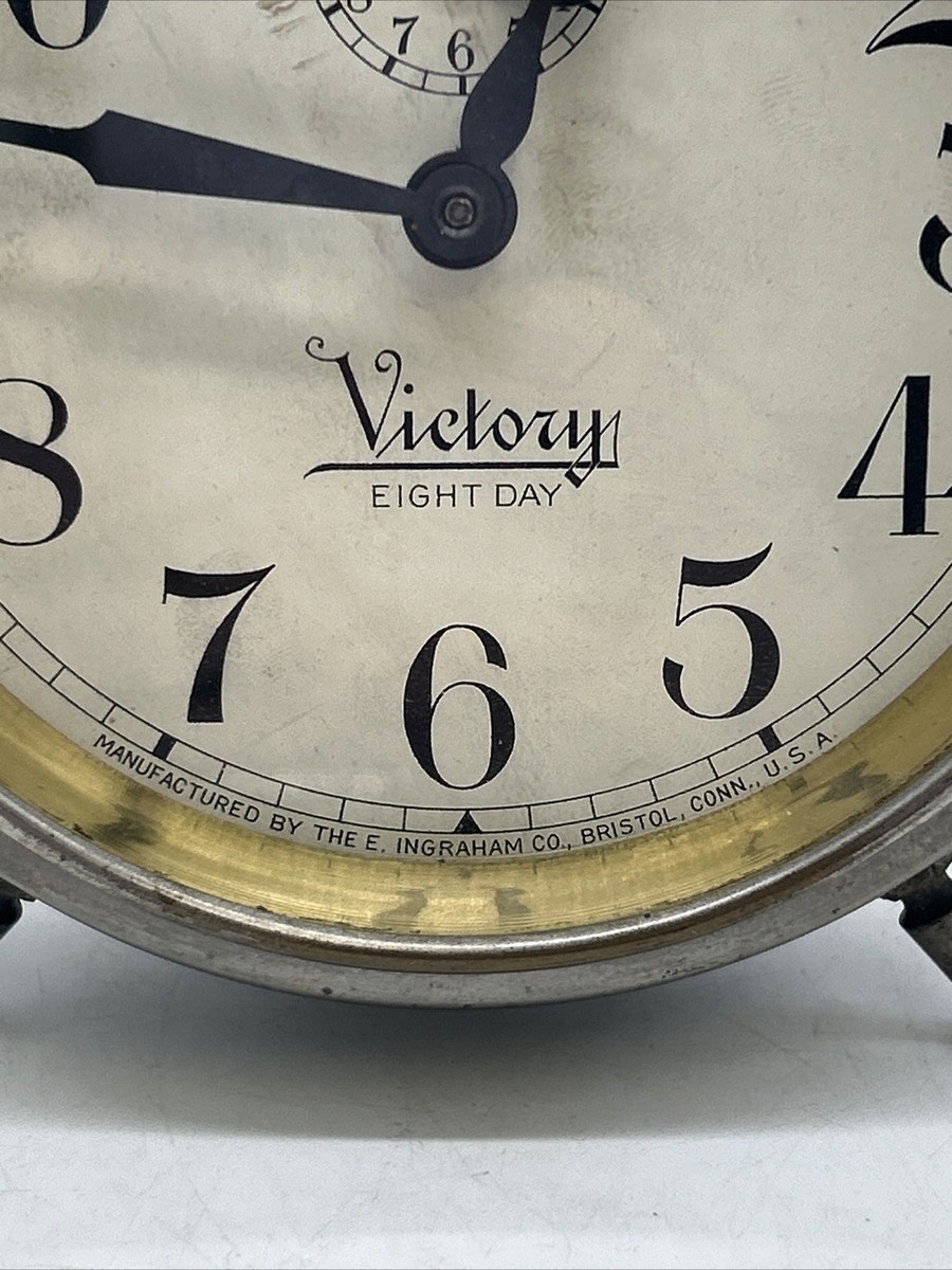 Vintage Victory Eight Day Peg Leg Wind-Up Alarm Clock E. Ingraham