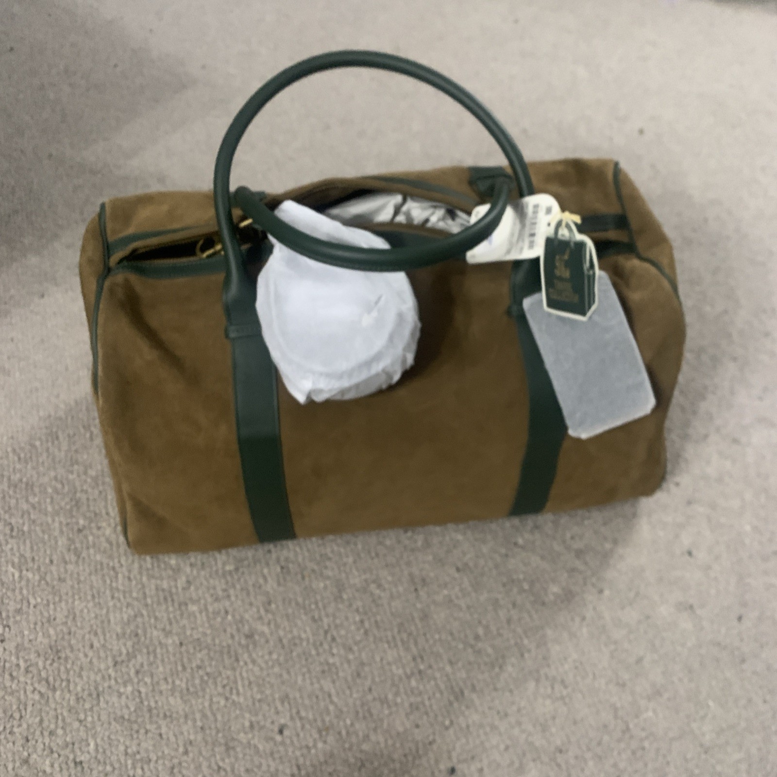 Zara HOME THE TRAVEL COLLECTION SUEDE DUFFLE BAG IN CHESTNUT AND GREEN BNWT