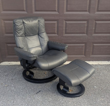Ekornes Stressless Gray Leather Large Swivel Recliner Chair Ottoman "Mayfair"