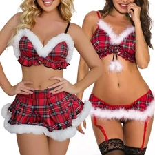 Sexy Lingerie Women Mrs Claus Costume Xmas Fancy Mini Skirt Bra Outfit Nightwear