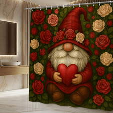 Gnome Shower Curtain with Roses, Cute Floral Bathroom Decor