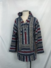 Baja Hoodie Pullover XL Mexican Jerga Drug Rug Striped Blue Red Boho Festival