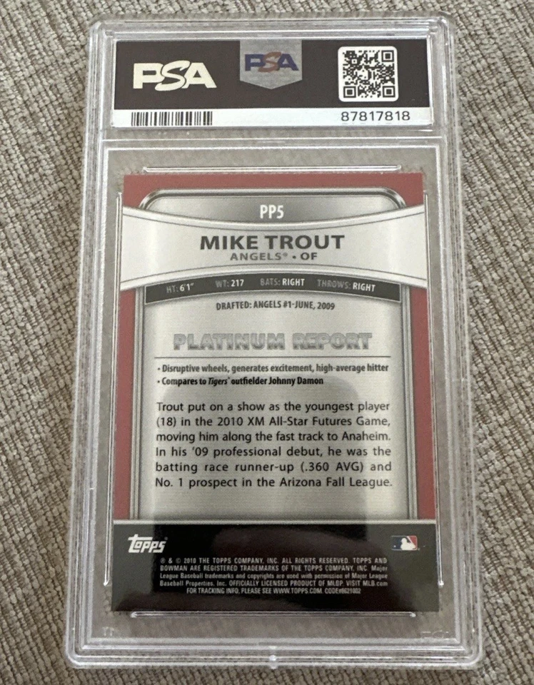 Bowman Platinum Prospects #PP5 2010 Mike Trout Angels radiocontrol novato PSA 10 GEMA como nuevo Foto 2 de 2